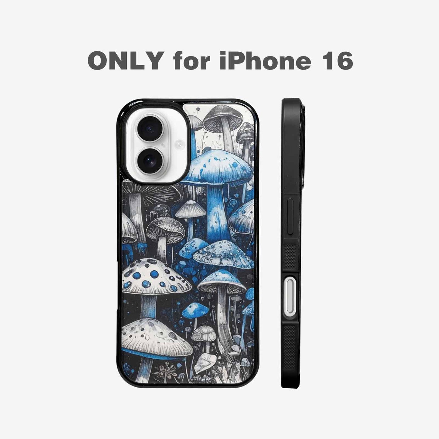 iPhone 16 Case — Mushrooms General Black Blue Ink Mushrooms, Custom Printed Phone Case