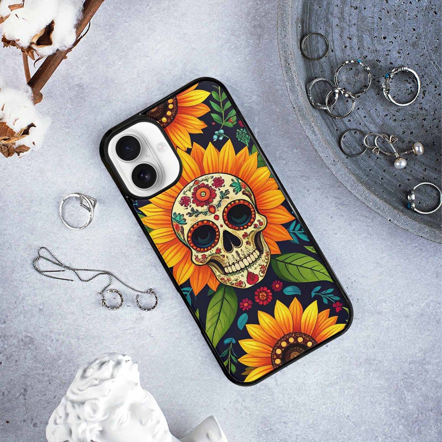 iPhone 16 Plus Case — Sunflowers And Skulls, Custom Designed Case Cover
