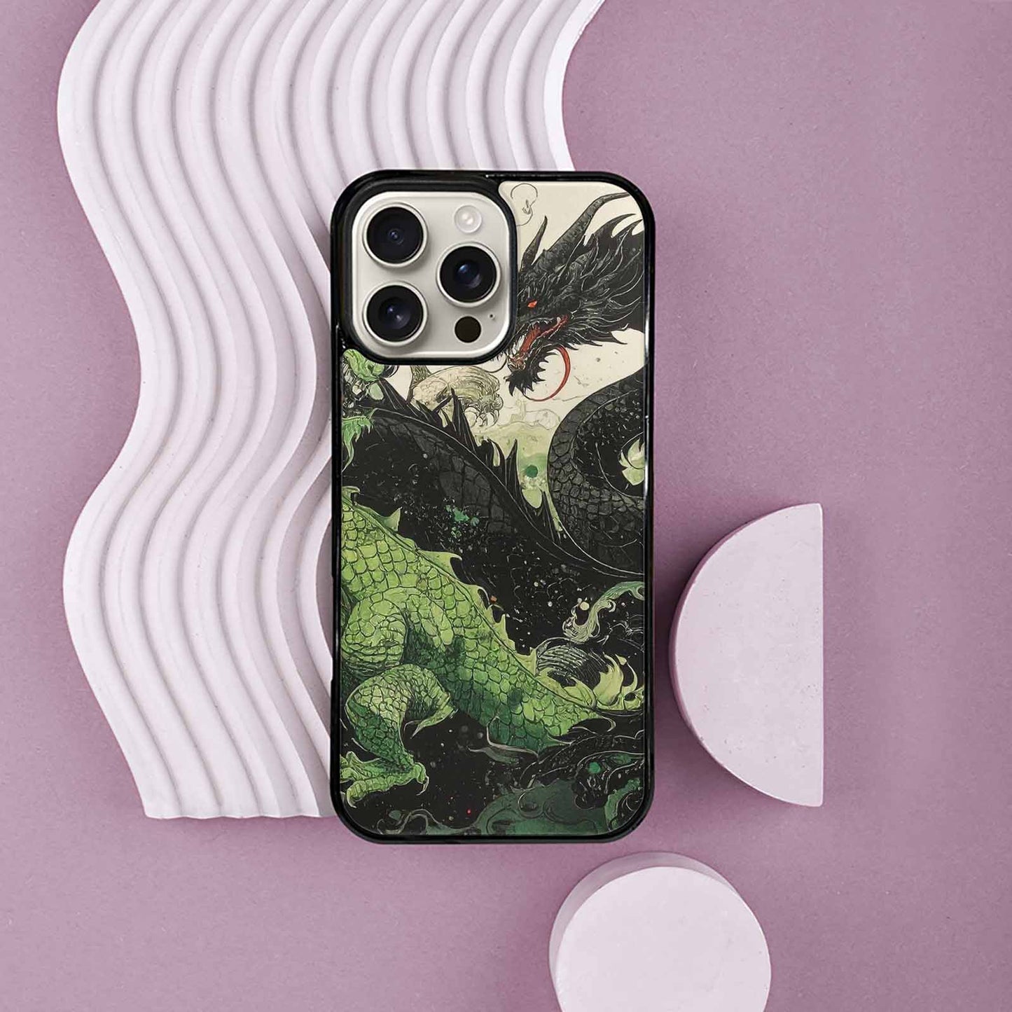 iPhone 16 Pro Max Case — Dragon Scale Black Green Ink Dragons, Unique Phone Case Design