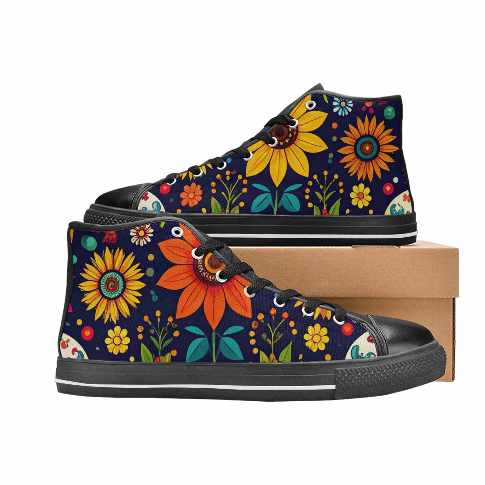 WOMEN'S Sunflowers And Skulls High Top Canvas Wallpaper Art Shoes