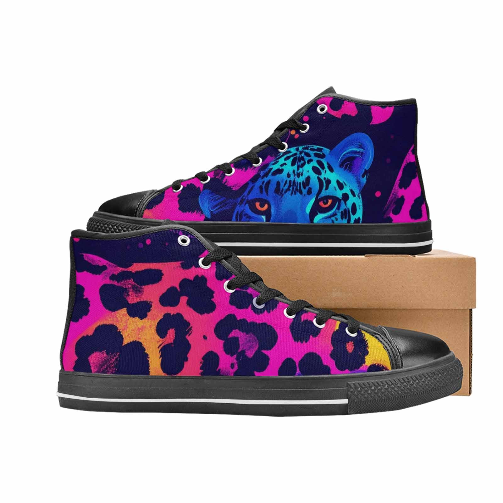 WOMEN'S Leopard Print Neon High Top Canvas Vibrant Chaos Custom Sneakers