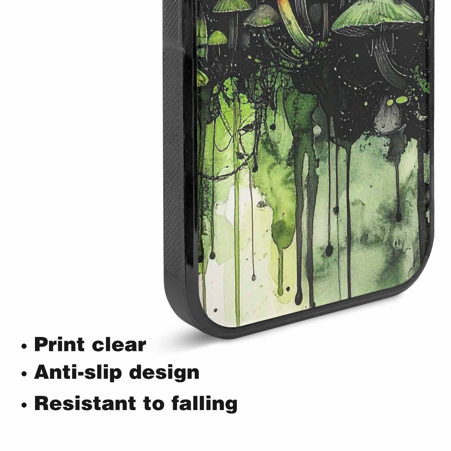 iPhone 15 Plus Case — Rainbow Drip Mushrooms Black Green Ink, Custom Made Phone Cover