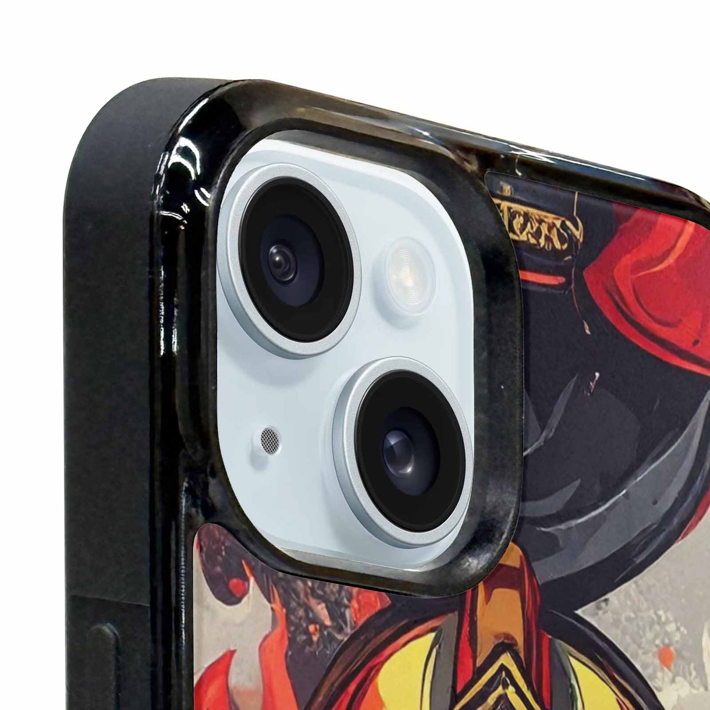 iPhone 15 Plus Case — Firefighter Pattern Flames Axes Helmets Seamless, Customized Protective Case