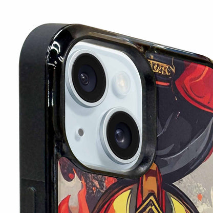 iPhone 15 Plus Case — Firefighter Pattern Flames Axes Helmets Seamless, Customized Protective Case