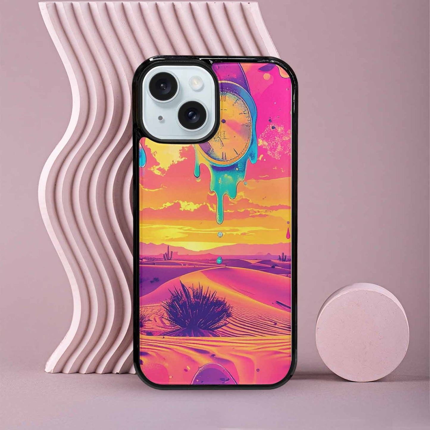 iPhone 15 Case — Surrealist Dreamscape Pattern Melting Clocks Desert, Custom Printed Phone Case