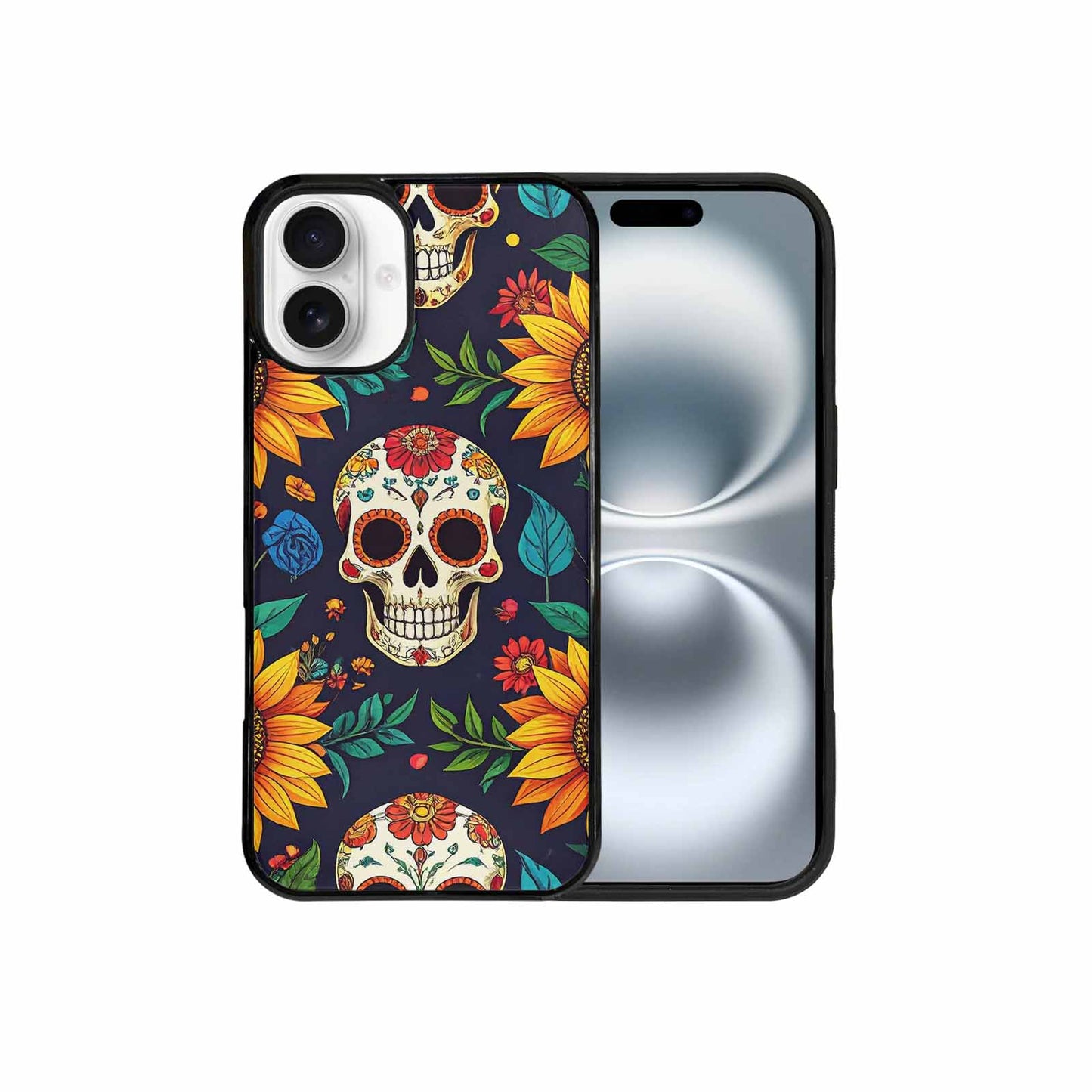 iPhone 16 Plus Case — Sunflowers Hundreds Of Skulls Art Seamless, Unique Phone Case Design