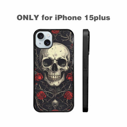 iPhone 15 Plus Case — Gothic Skulls Roses Custom, Unique Phone Case Design