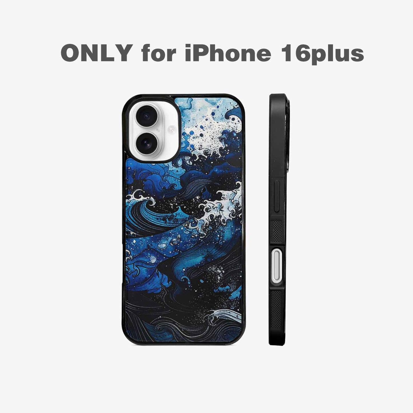iPhone 16 Plus Case — Nautical Wave Black Blue Ink Wave, Custom Phone Case
