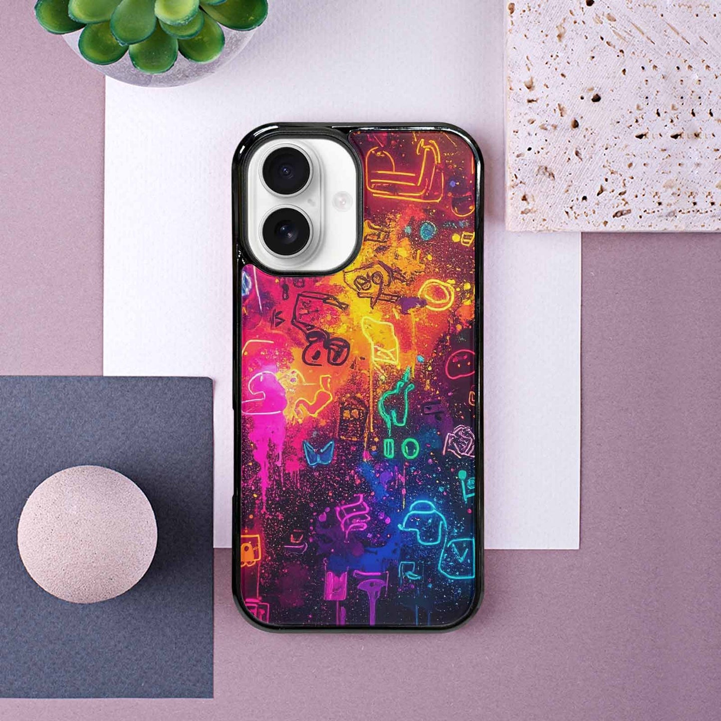 iPhone 16 Case — Neon Glow Outline Icon Pattern Hundreds, Custom Print Case Cover
