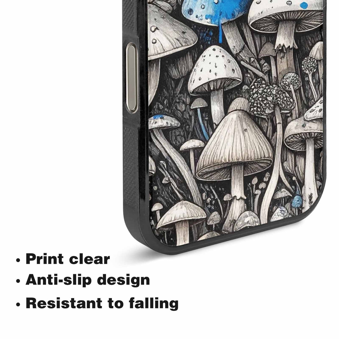 iPhone 16 Pro Case — Mushrooms General Black Blue Ink Mushrooms, Custom Art Phone Cover