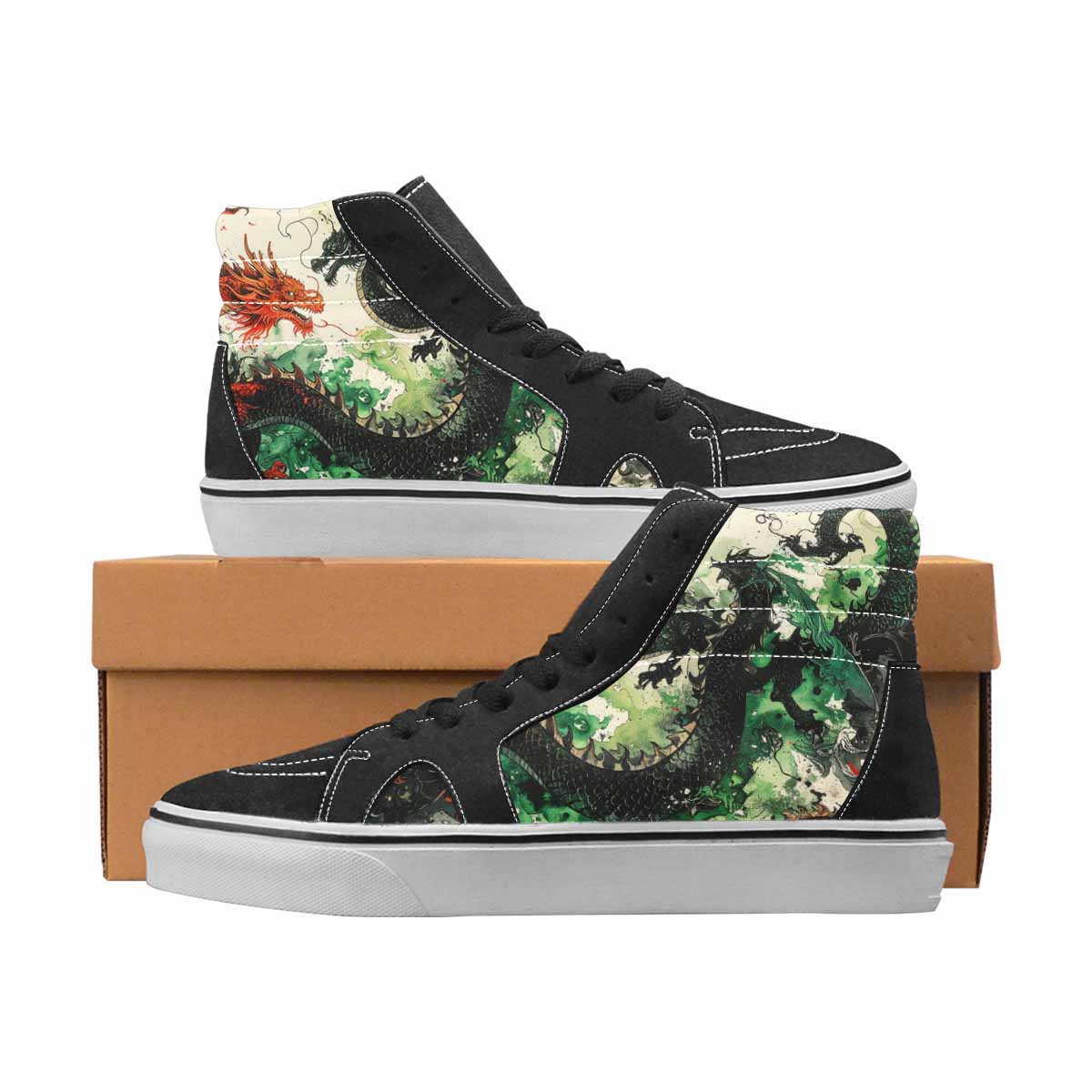 WOMEN'S Dragons Black & Green Ink High Top Canvas Original Design Aesthetic Custom Shoes