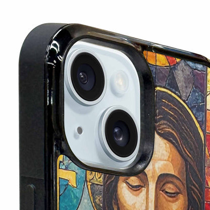 iPhone 15 Plus Case — Jesus Face Small Cross And Faith, Custom Designed Case Cover