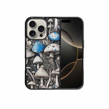 iPhone 16 Pro Case — Mushrooms General Black Blue Ink Mushrooms, Custom Art Phone Cover
