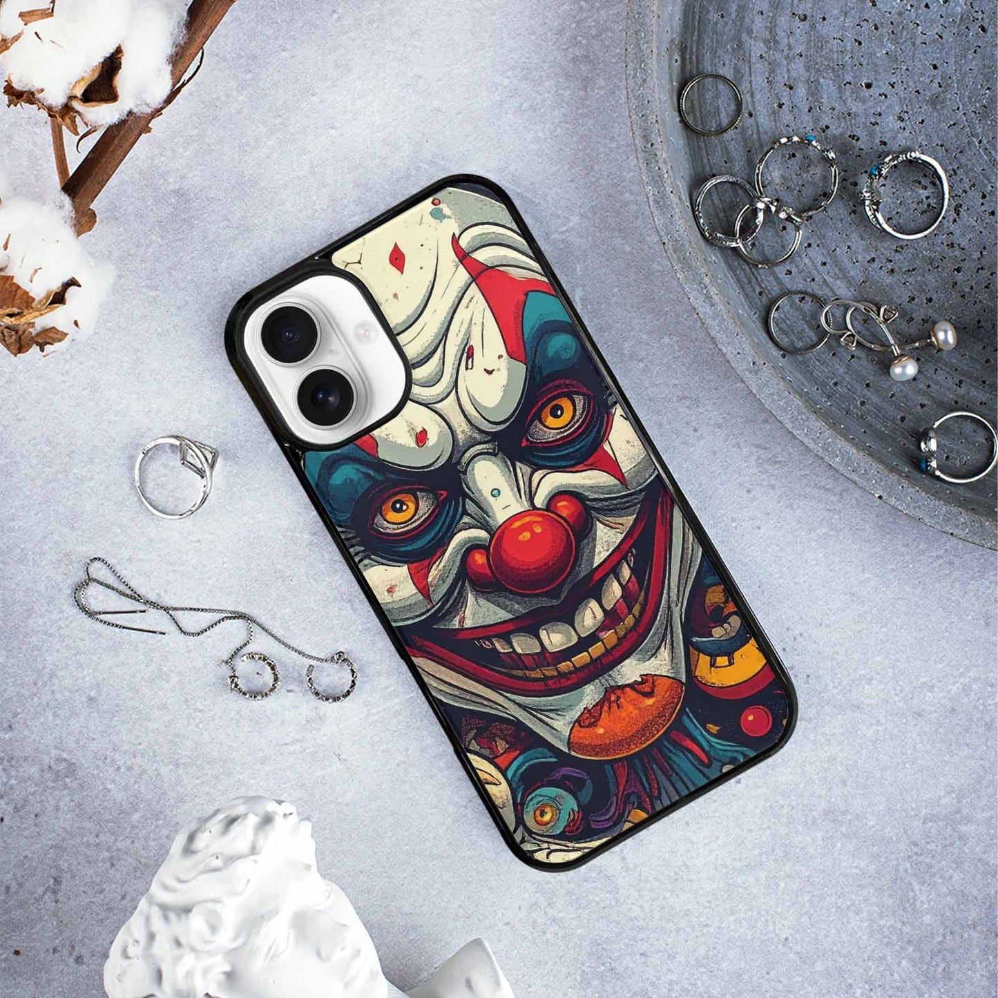iPhone 16 Plus Case — Evil Circus Heads Faces Overlapping Patterns, Custom Print Case Cover