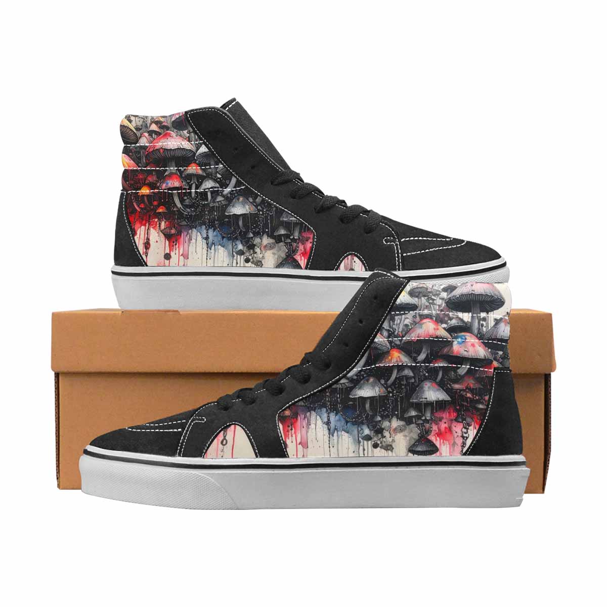 WOMEN'S Mushrooms Black & Red Ink High Top Canvas One Of A Kind Aesthetic Custom Canvas Shoes