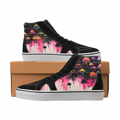 MEN'S Mushrooms Black & Pink Ink High Top Canvas Wearable Art Melting Art Handmade Custom Shoes