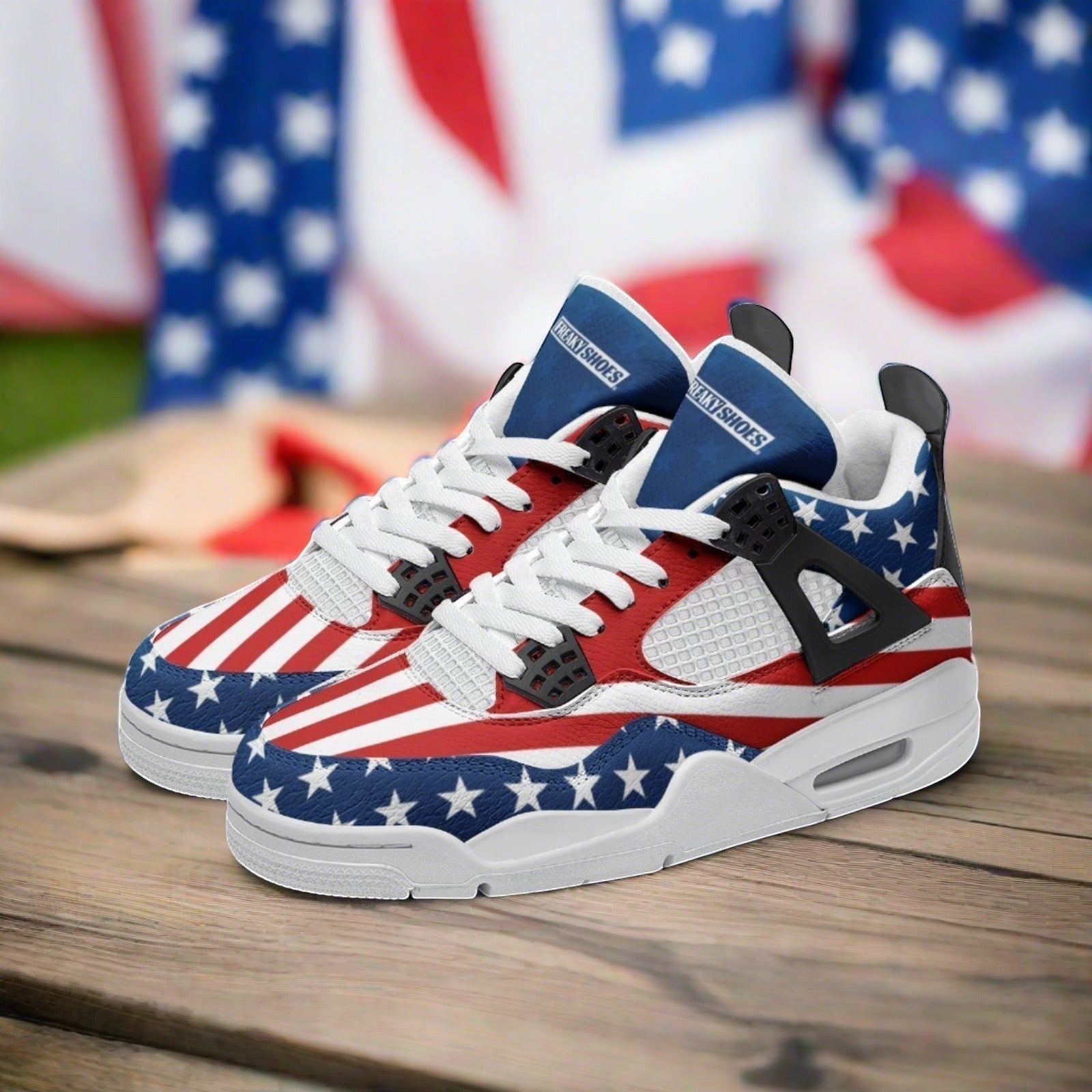 Patriotic USA Stars & Stripes high-top canvas shoes, custom full-wrap printed design — Freaky Shoes