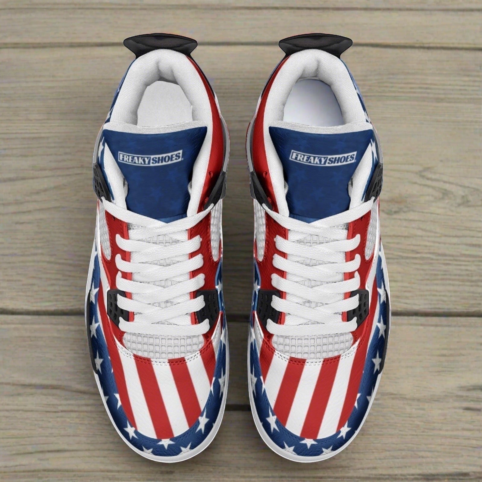 Patriotic USA Stars & Stripes hand-made high-top canvas shoes — unique wearable art by Freaky Shoes