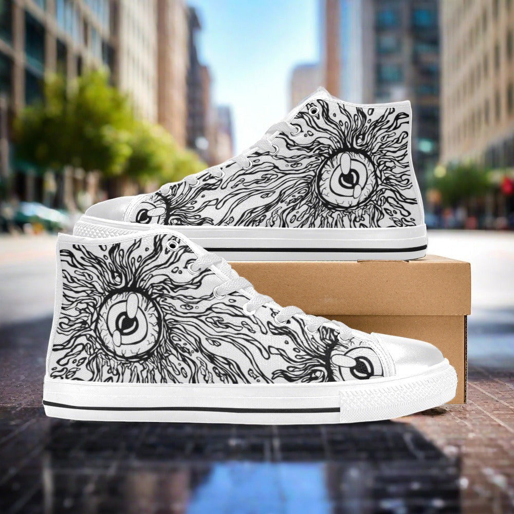 Custom Women's Eyes high-top canvas shoes with bold all-over art — Freaky Shoes