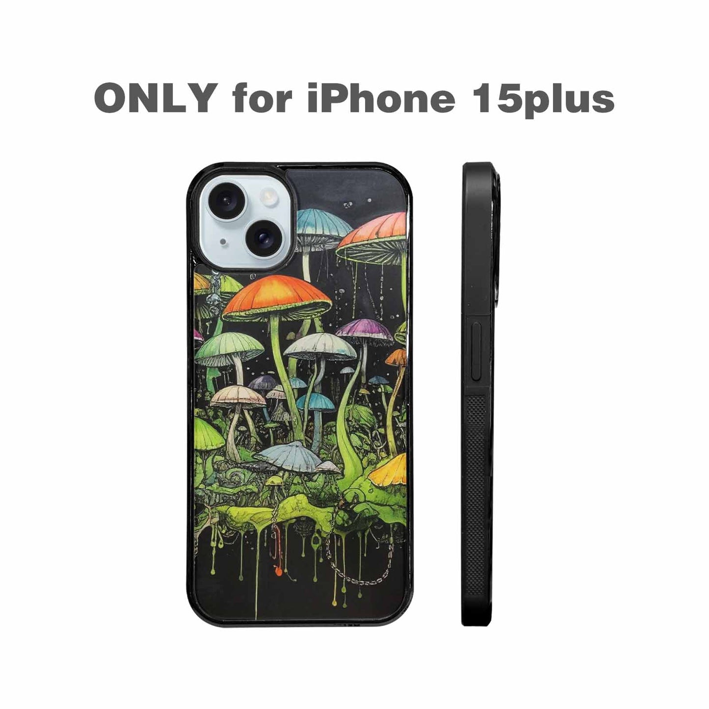 iPhone 15 Plus Case — Rainbow Drip Mushrooms Black Green Ink, Original Design Phone Case