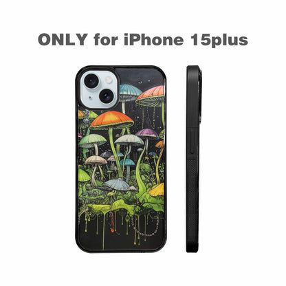 iPhone 15 Plus Case — Rainbow Drip Mushrooms Black Green Ink, Original Design Phone Case