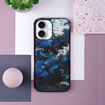 iPhone 16 Case — Nautical Wave Black Blue Ink Wave, Custom Phone Case
