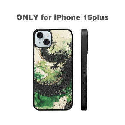 iPhone 15 Plus Case — Dragon Scale Black Green Ink Dragons, Unique Phone Case Design