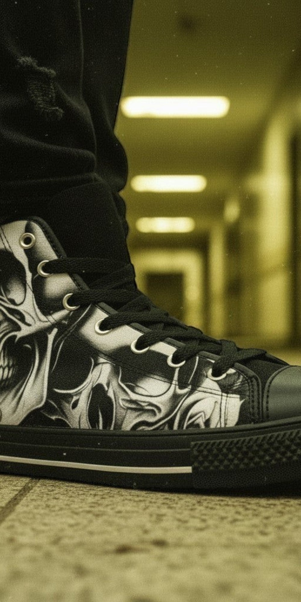 Men's Cartoon Skulls & Roses hand-made high-top canvas shoes — unique wearable art by Freaky Shoes