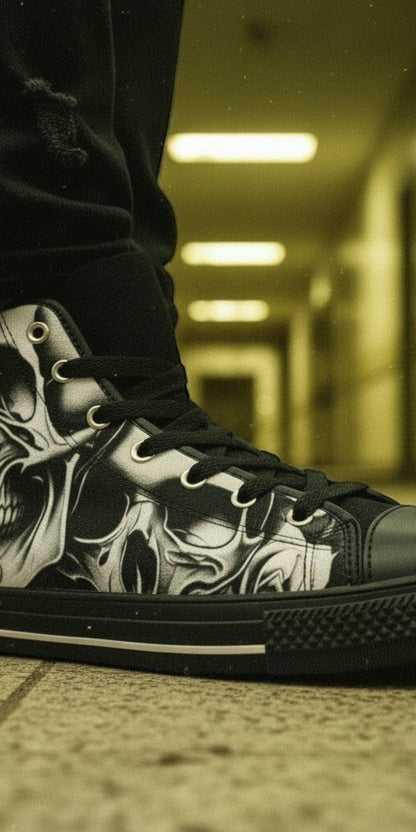 Men's Cartoon Skulls & Roses hand-made high-top canvas shoes — unique wearable art by Freaky Shoes