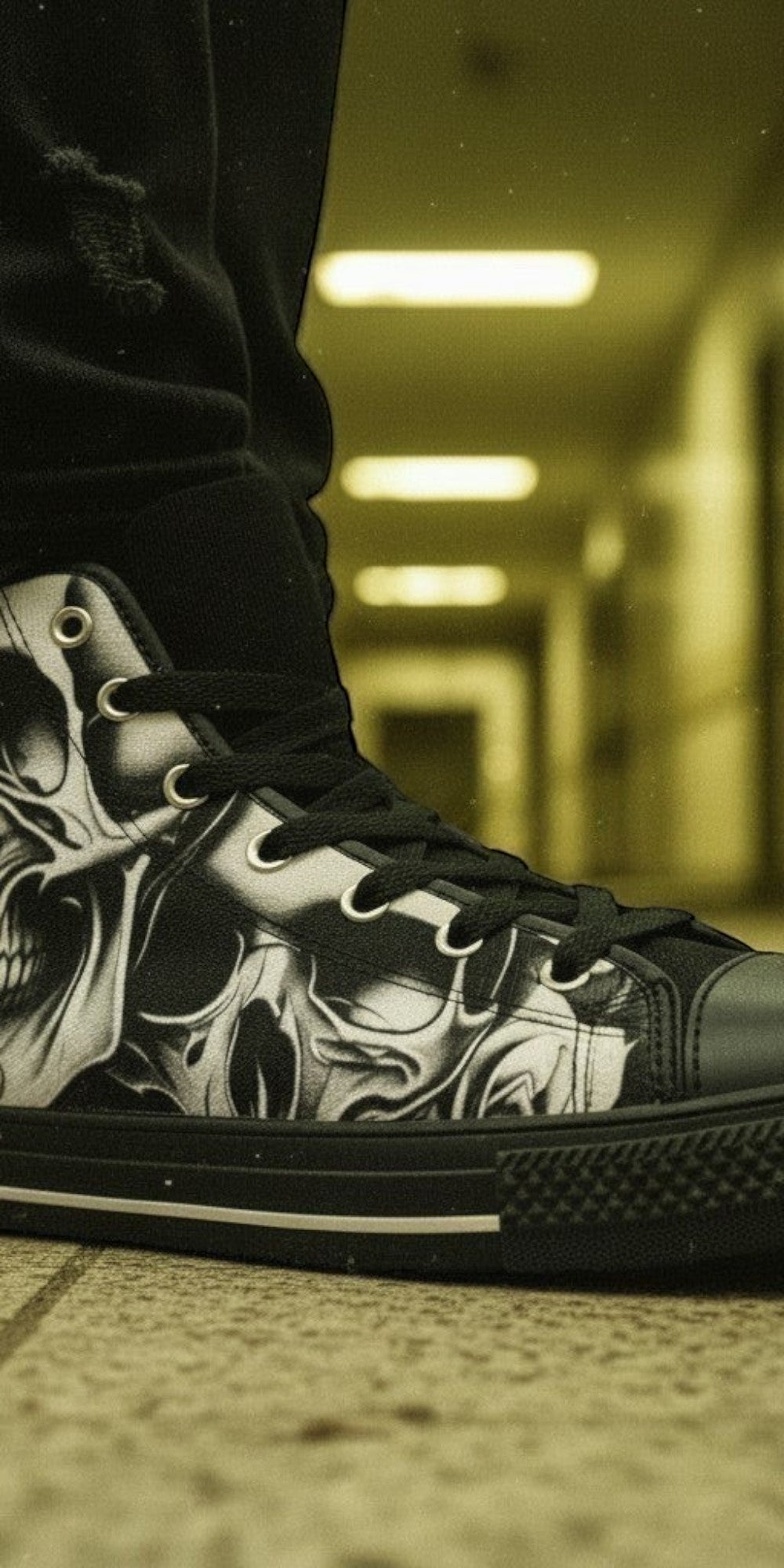 Men's Cartoon Skulls & Roses hand-made high-top canvas shoes — unique wearable art by Freaky Shoes