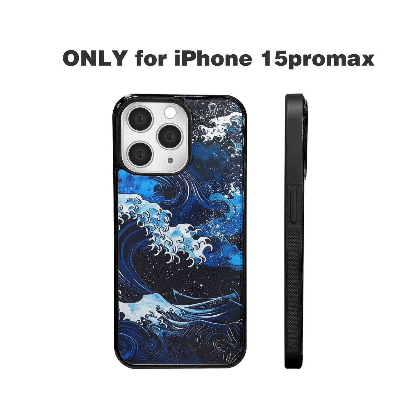 iPhone 15 Pro Max Case — Nautical Wave Black Blue Ink Wave, Custom Printed Phone Case