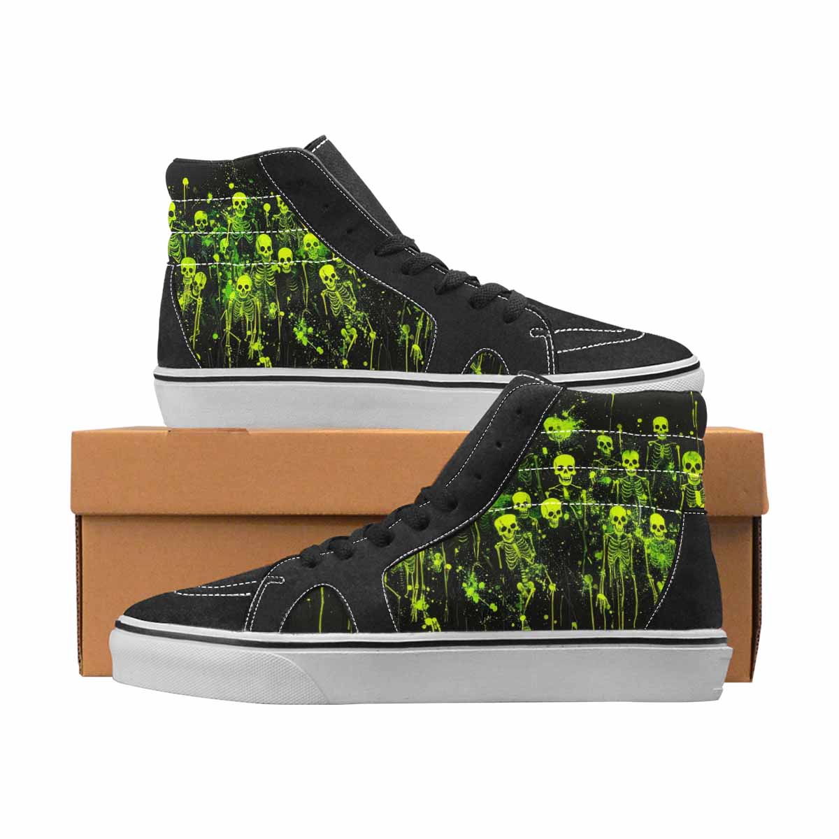 WOMEN'S Skulls Neon Green Glow High Top Canvas Statement Wallpaper Art Custom Printed Shoes