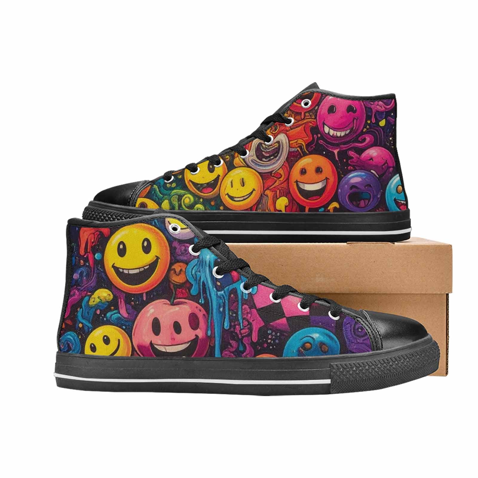 MEN'S Yellow Smiley Face High Top Canvas Neon Fantasy Custom Shoes
