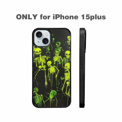 iPhone 15 Plus Case — Skeletons Neon Green Glow Skeletons Pattern, Custom Phone Case