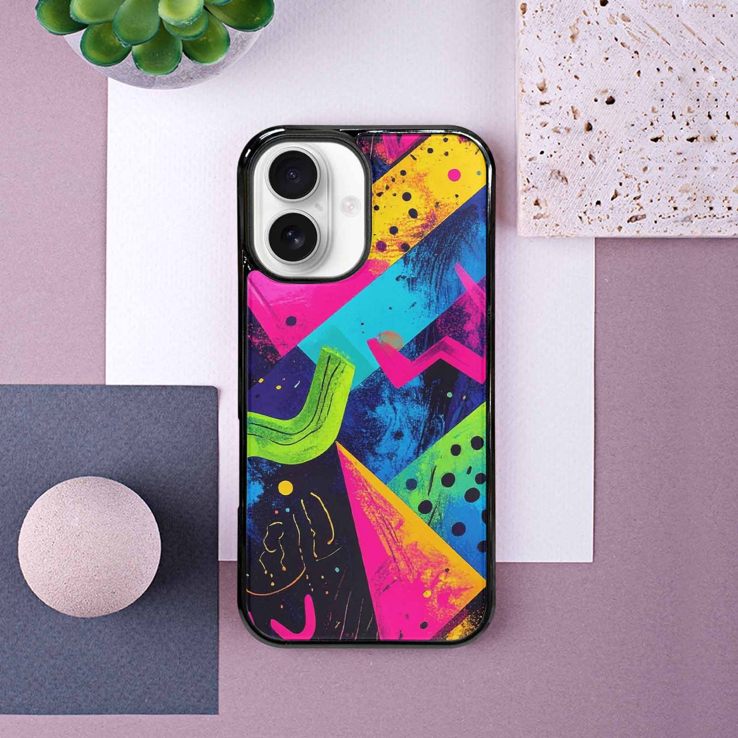 iPhone 16 Case — Memphis Squiggles Triangles Dots Personalized Phone, Custom Made Phone Cover