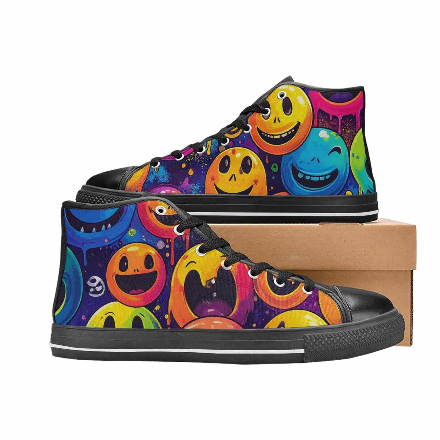 WOMEN'S Yellow Smiley Face High Top Canvas Dark Academia Sneakers