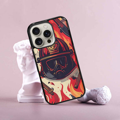 iPhone 16 Pro Case — Firefighter Pattern Flames Axes Helmets Seamless, Customized Protective Case