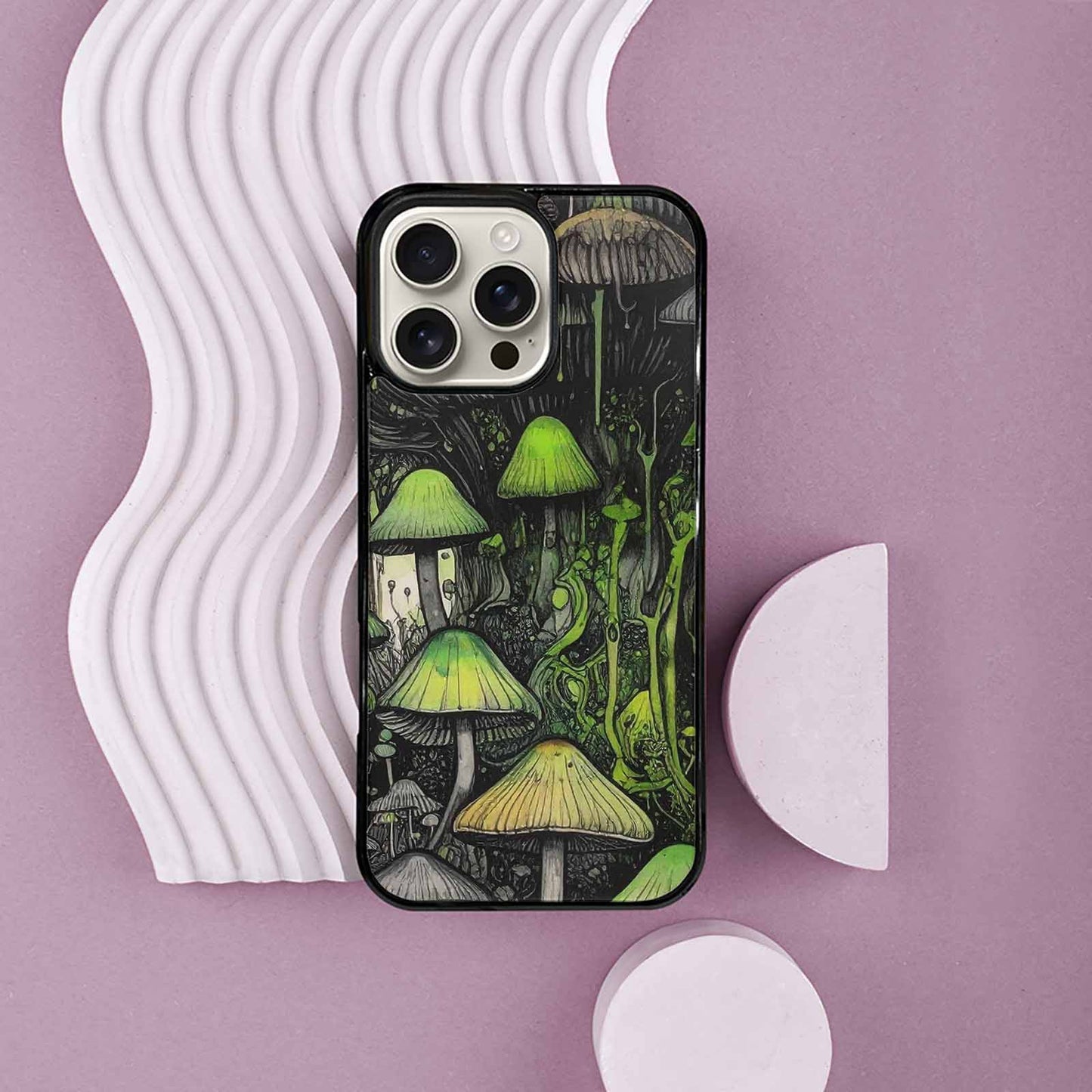 iPhone 16 Pro Max Case — Rainbow Drip Mushrooms Black Green Ink, Unique Phone Case Design