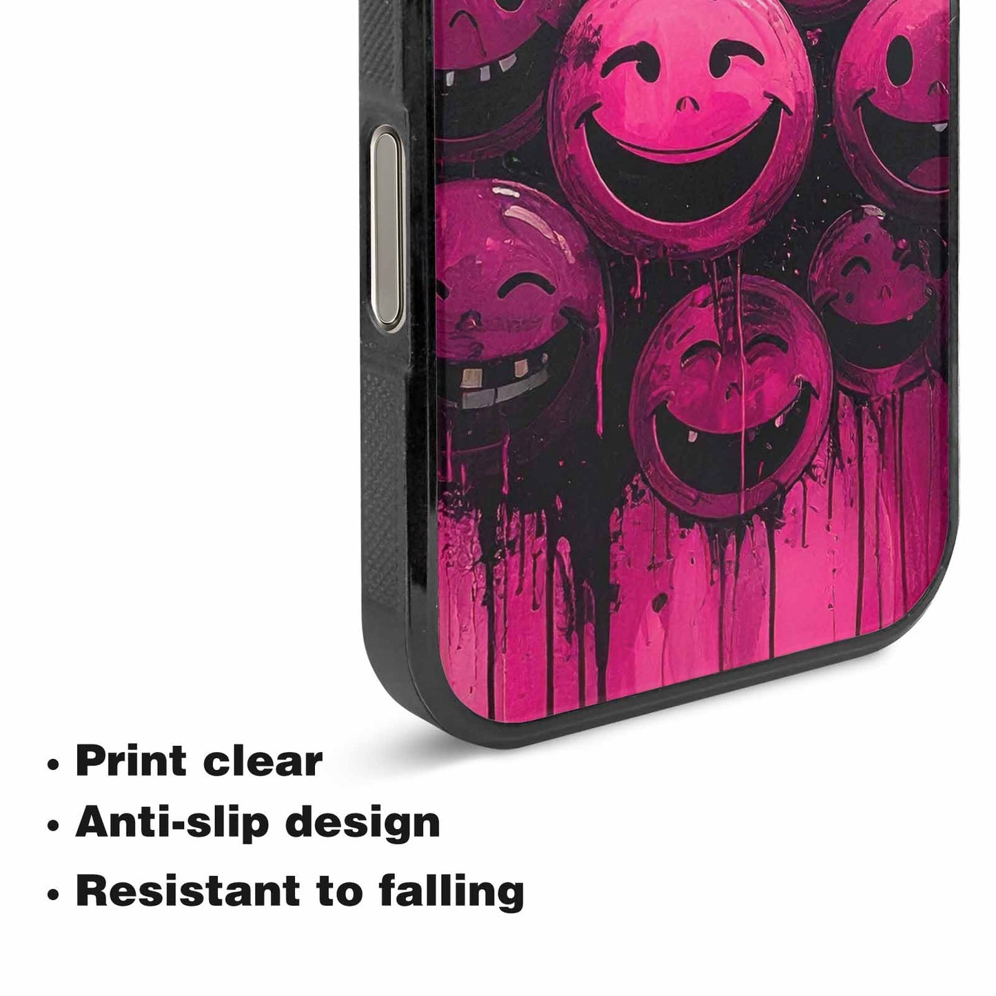 iPhone 16 Pro Max Case — Melting Moon Smiley Black Pink Ink, Customized Protective Case