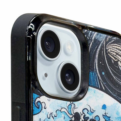 iPhone 15 Plus Case — Nautical Wave Black Blue Ink Wave, Personalized Phone Case