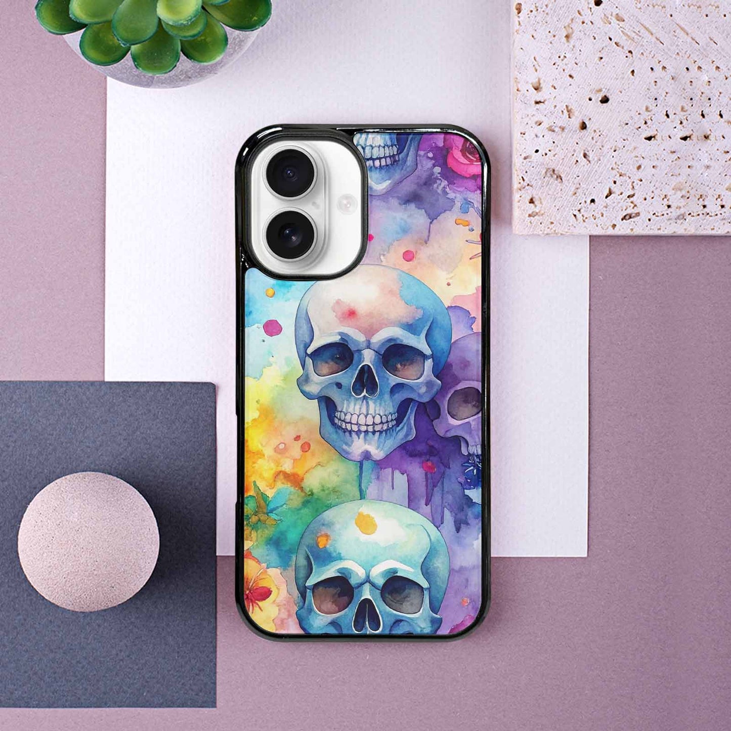 iPhone 16 Case — Kulls Watercolor Skulls Small Skull Pattern, Unique Phone Case Design