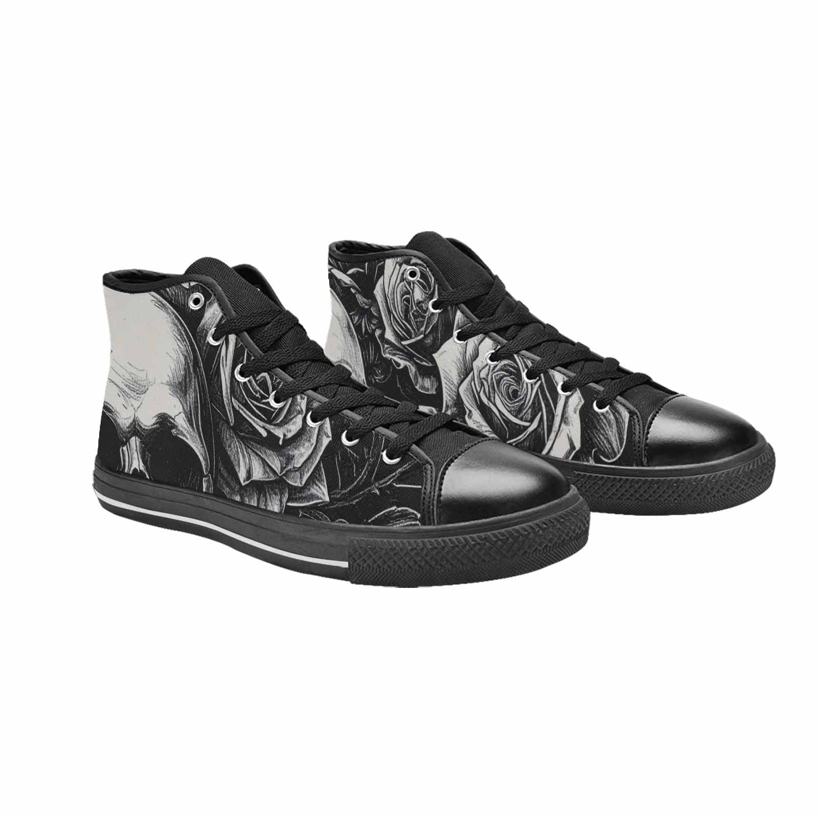 WOMEN'S Skulls Roses Black Ink High Top Canvas Grunge Custom Sneakers