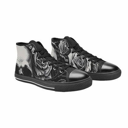 WOMEN'S Skulls Roses Black Ink High Top Canvas Grunge Custom Sneakers