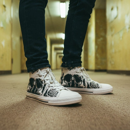 Men's Grey Skull & Roses Black & White high-top canvas shoes, custom full-wrap printed design — Freaky Shoes