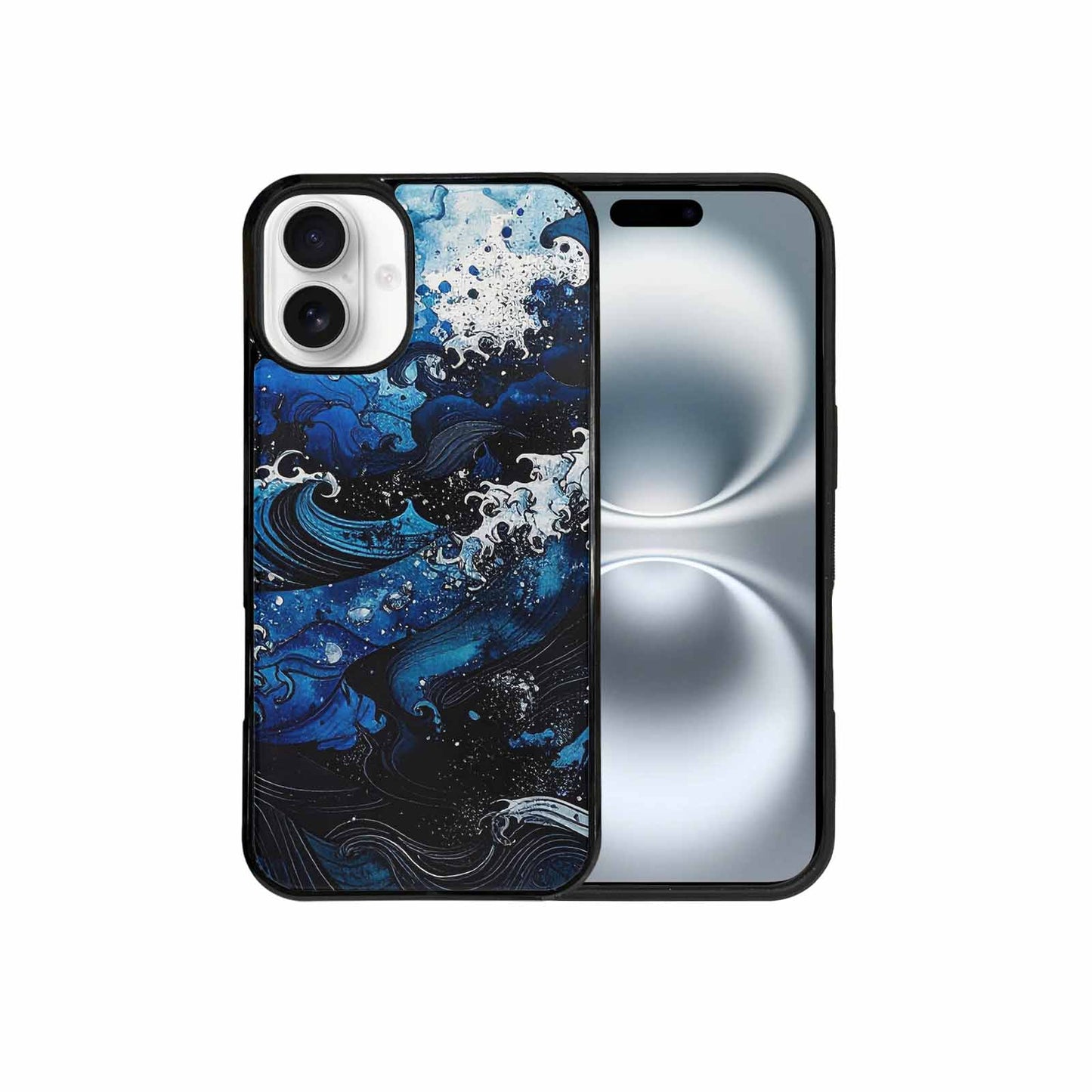 iPhone 16 Plus Case — Nautical Wave Black Blue Ink Wave, Custom Phone Case