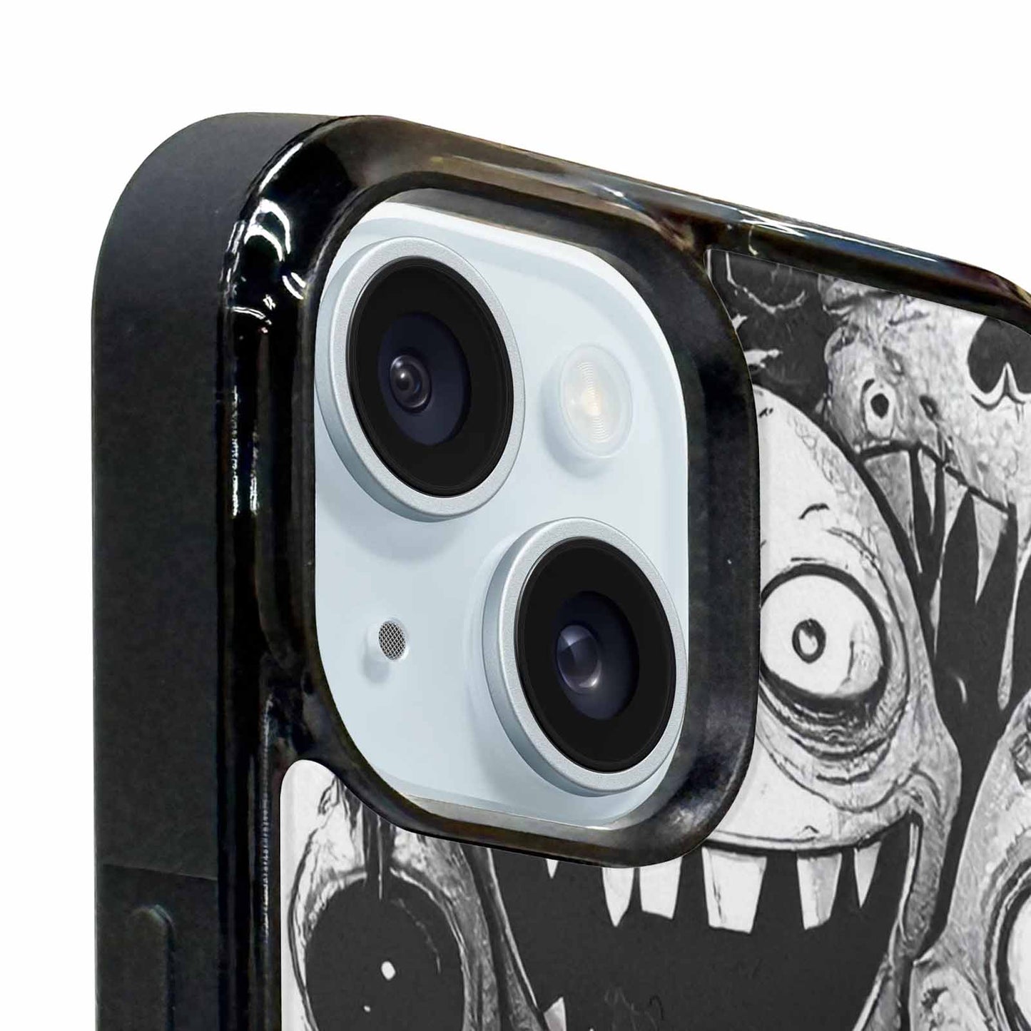 iPhone 15 Plus Case — Black And White Monster Face Collage, Custom Designed Case Cover