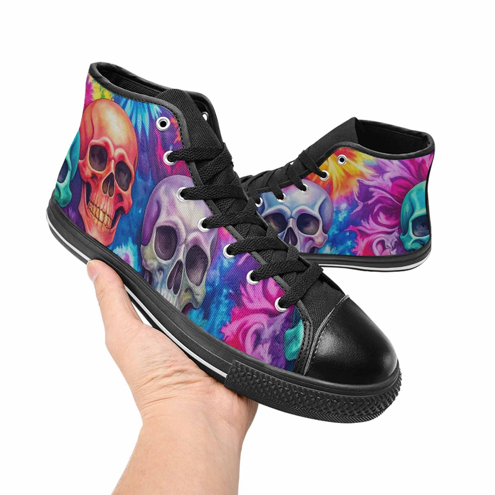 WOMEN'S Tie Dye Skulls Print High Top Canvas Vibrant Chaos Sneakers