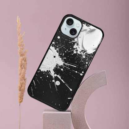 iPhone 15 Plus Case — White Ink Splatter Texture On Black, Custom Made Phone Cover