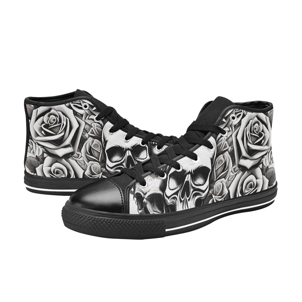 WOMEN'S Skull Roses Black White High Top Canvas Grunge Custom Shoes