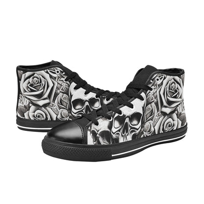 WOMEN'S Skull Roses Black White High Top Canvas Grunge Custom Shoes